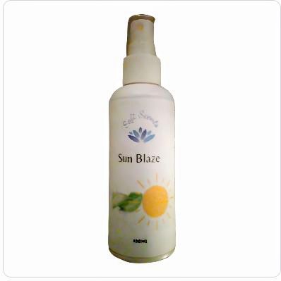 1. A bottle of Citrusy Sun Blaze Room Spray on a sunny windowsill. 2. A hand holding a bottle of Citrusy Sun Blaze Room Spray against a bright background. 3. A close-up of a bottle of Citrusy Sun Blaze Room Spray with vibrant yellow and orange colors.